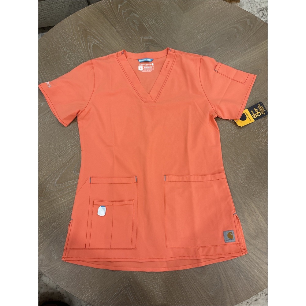 Carhartt Force Cross Flex Modern Fit Scrub Top Womens XS V-Neck Orange Medical